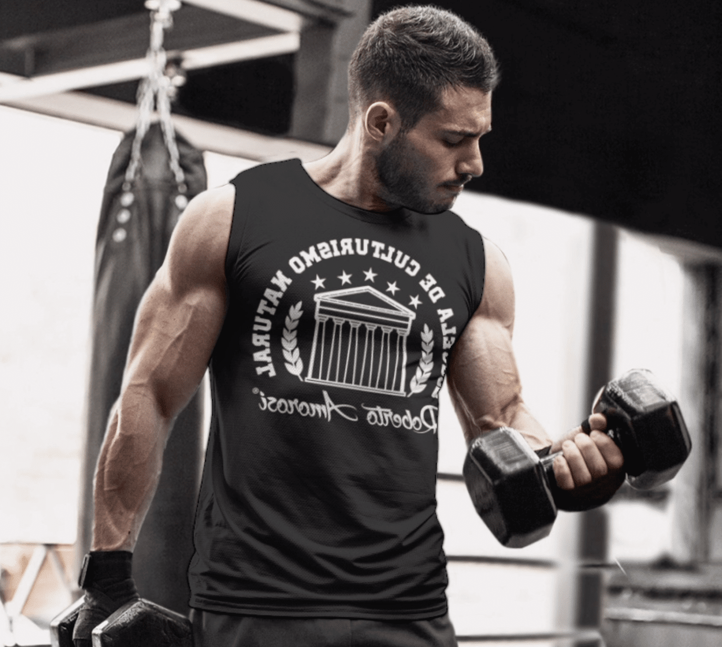 Curl biceps, escuela culturismo natural Roberto Amorosi camisetas de la escuela templo